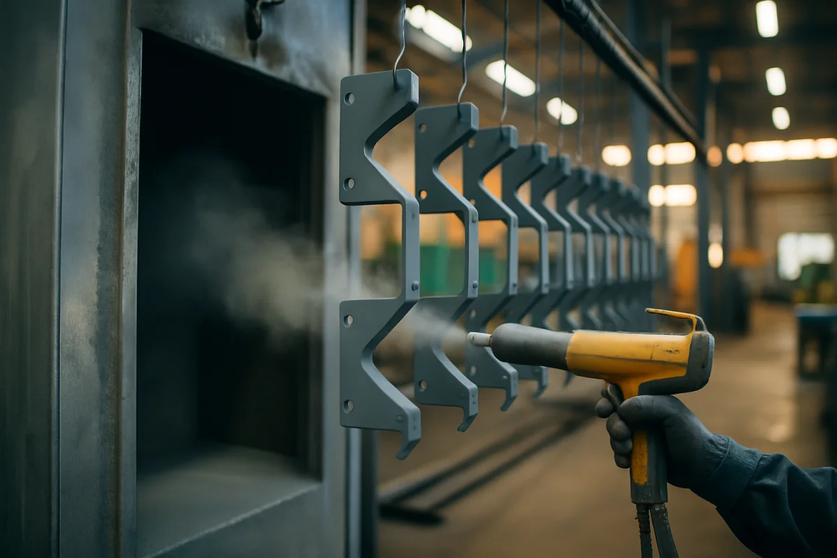 Powder coating gun spraying a row of hanging steel brackets