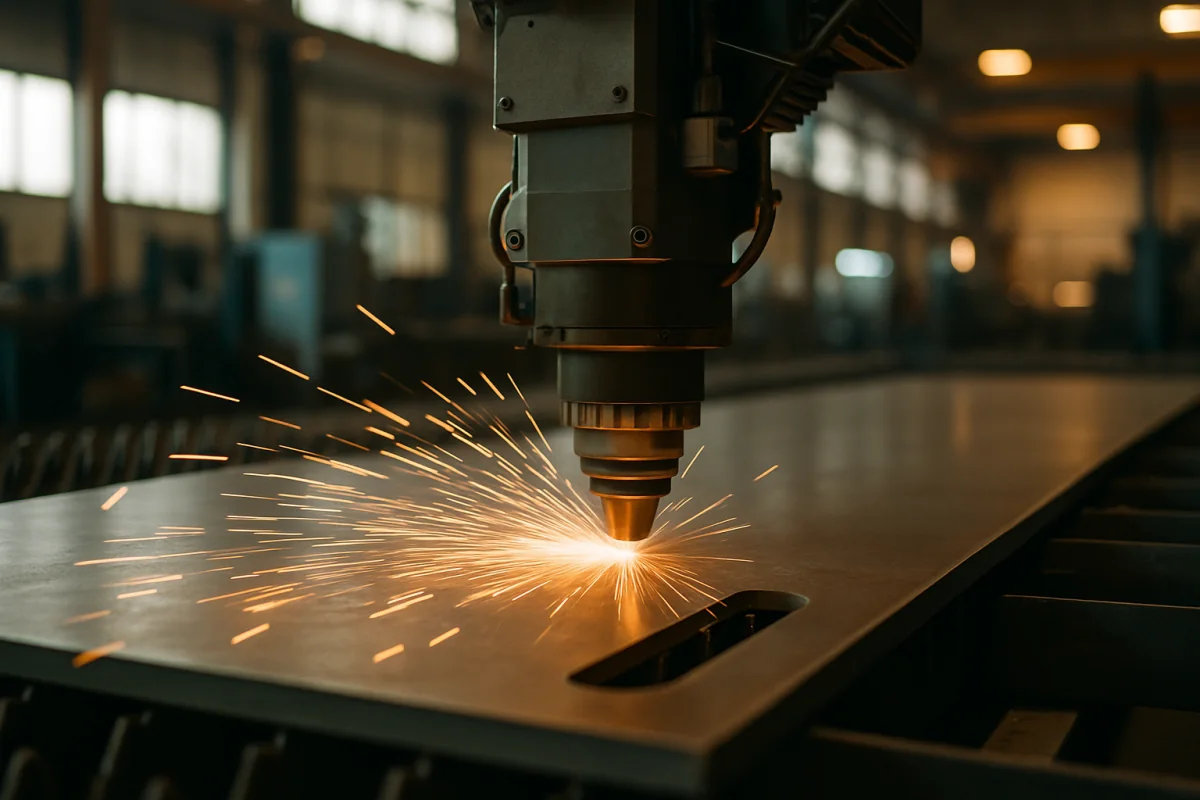 Laser cutting head throwing sparks as it cuts a steel sheet