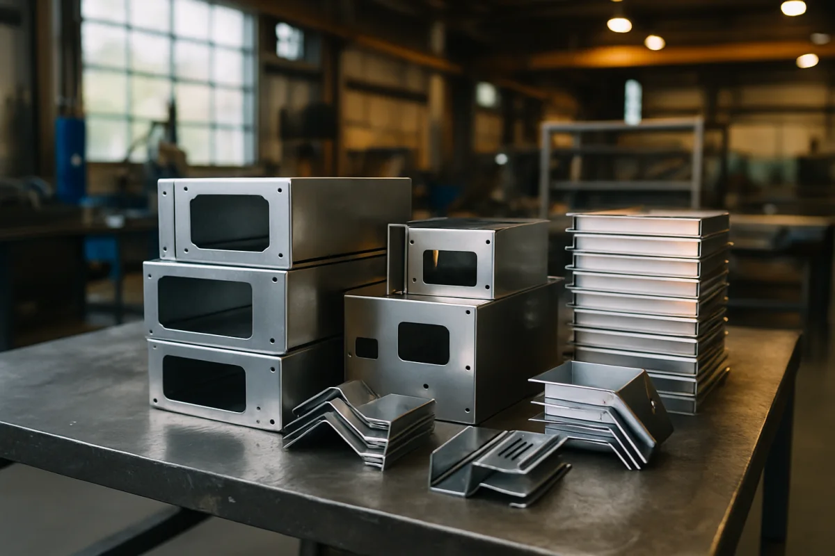 Fabricated sheet metal enclosures and brackets stacked on a shop bench